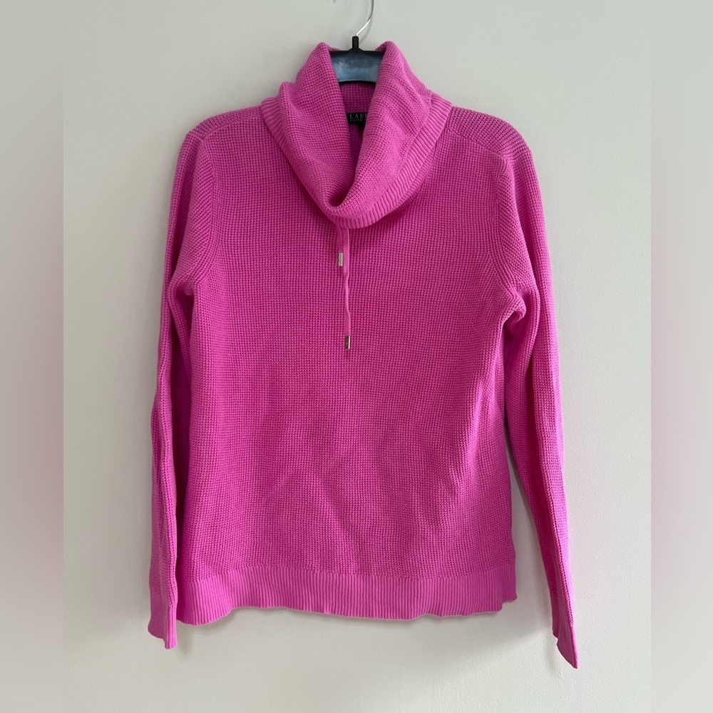 Lauren Ralph Lauren Pink 100% Cotton Waffle Knit Cowl Neck Sweater, size L